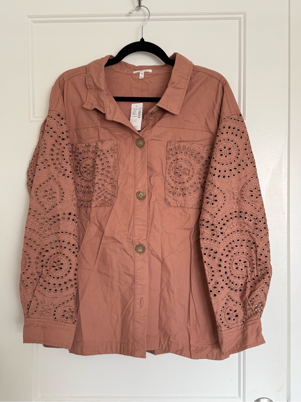 NWT Eyelet Sleeve Button-Front Jacket in Dusty Rose